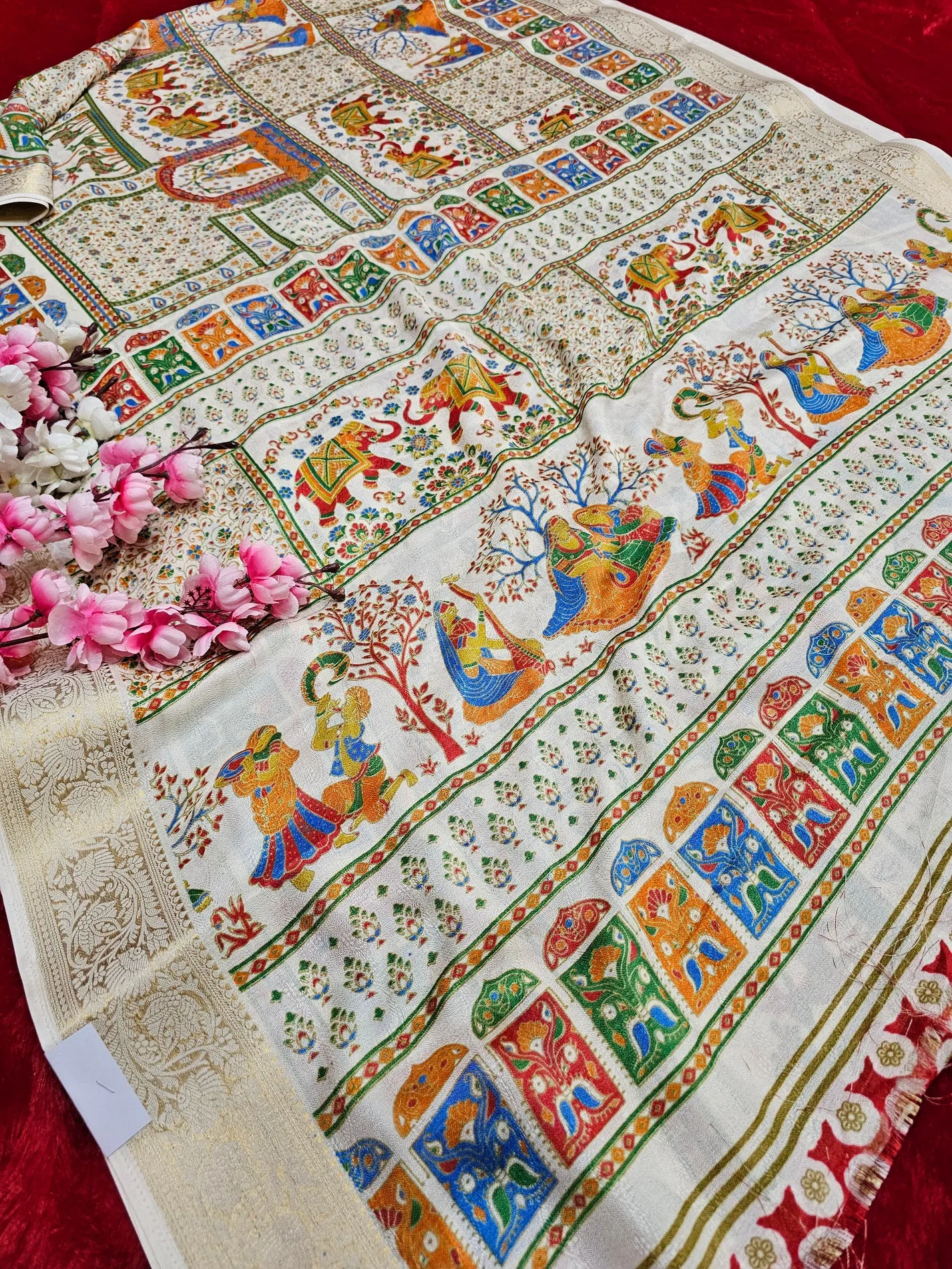 Premium Kashmiri Print Self Weaving Georgette Crepe Silk  Saree White
